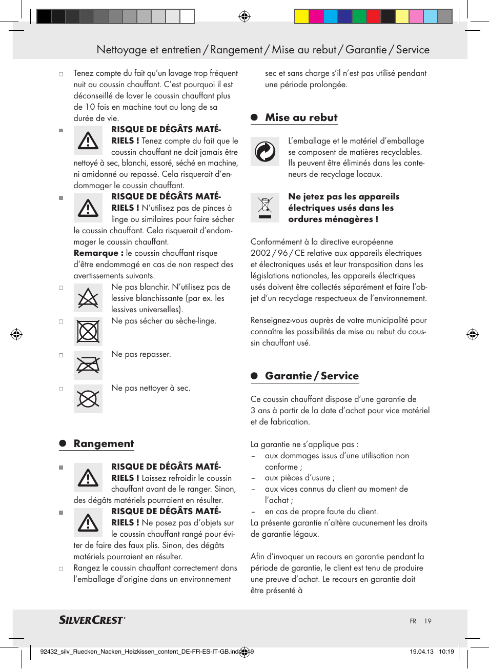 Rangement, Mise au rebut, Garantie / service | Silvercrest SRNH 100 B2 User Manual | Page 19 / 45