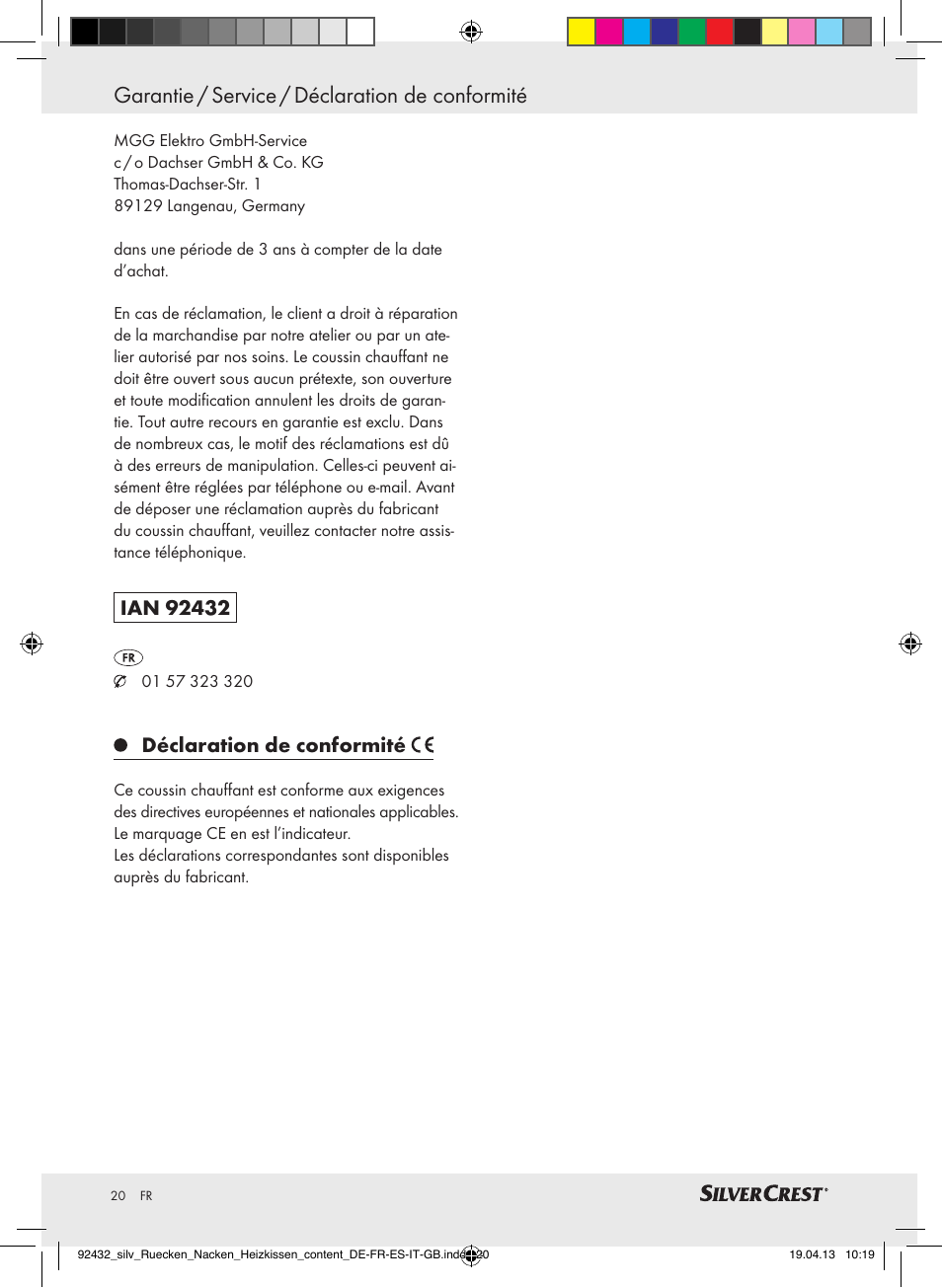 Garantie / service / déclaration de conformité, Déclaration de conformité | Silvercrest SRNH 100 B2 User Manual | Page 20 / 45