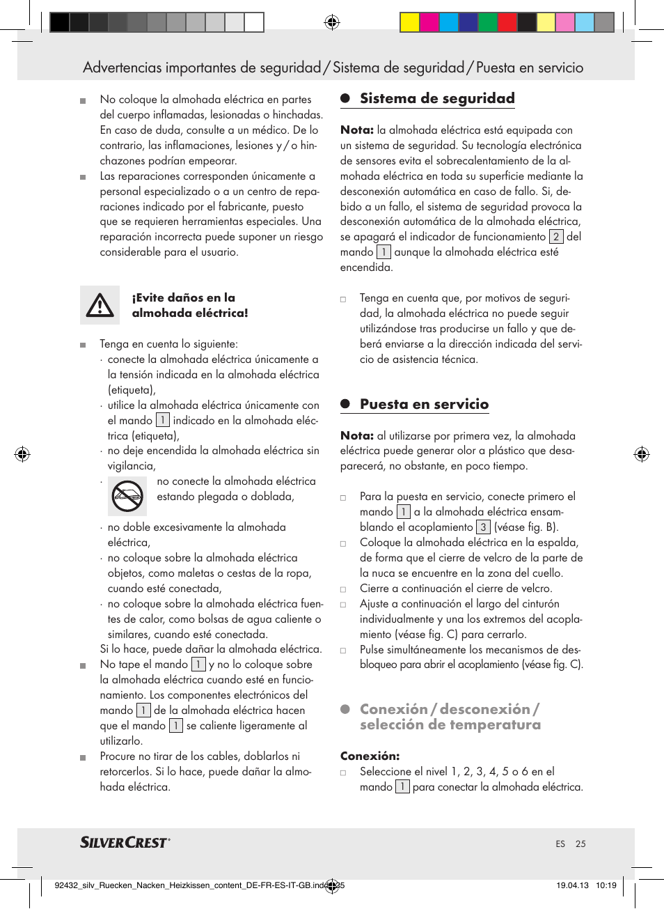 Sistema de seguridad, Puesta en servicio, Conexión / desconexión / selección de temperatura | Silvercrest SRNH 100 B2 User Manual | Page 25 / 45