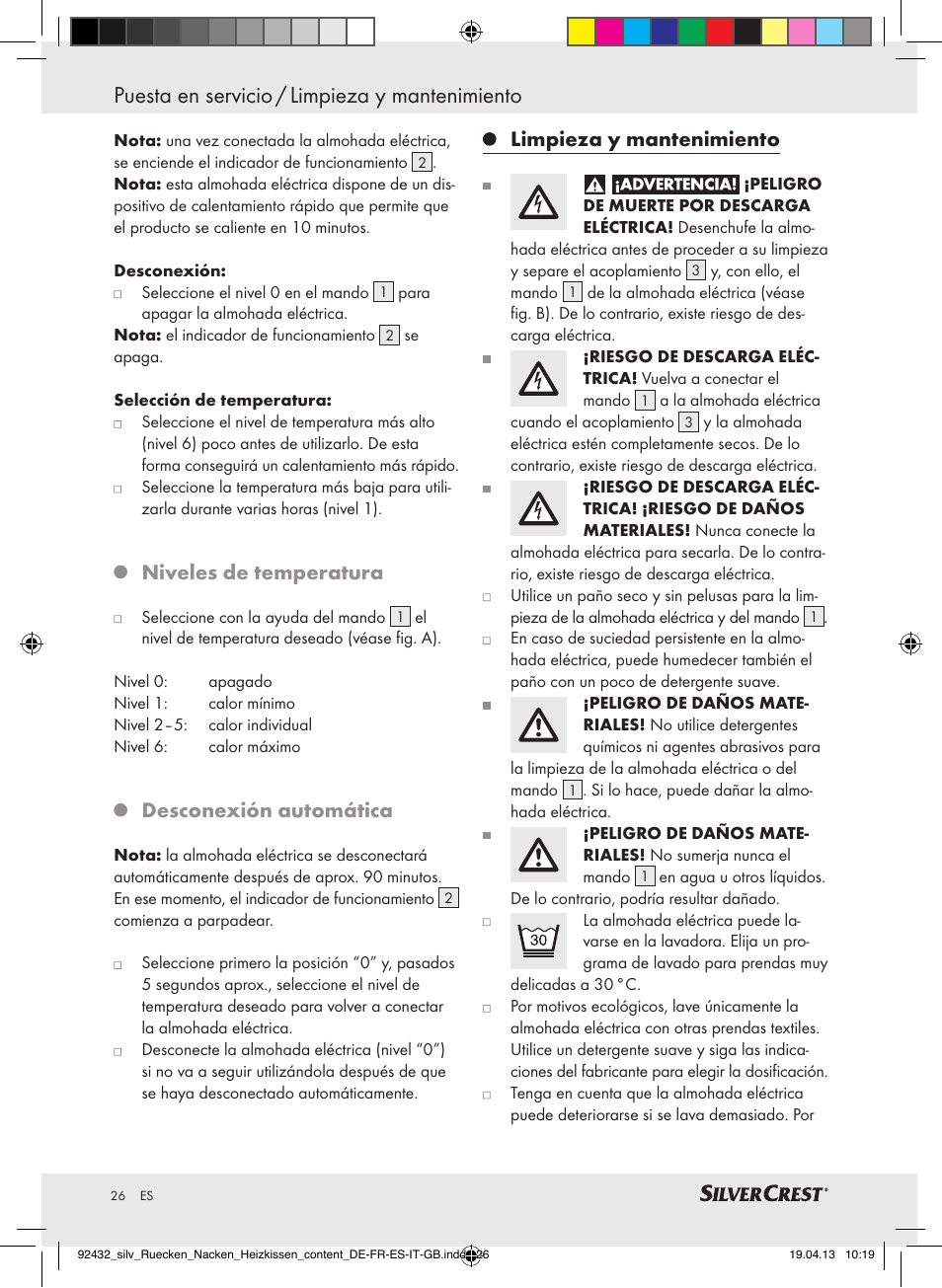 Puesta en servicio / limpieza y mantenimiento, Niveles de temperatura, Desconexión automática | Limpieza y mantenimiento | Silvercrest SRNH 100 B2 User Manual | Page 26 / 45