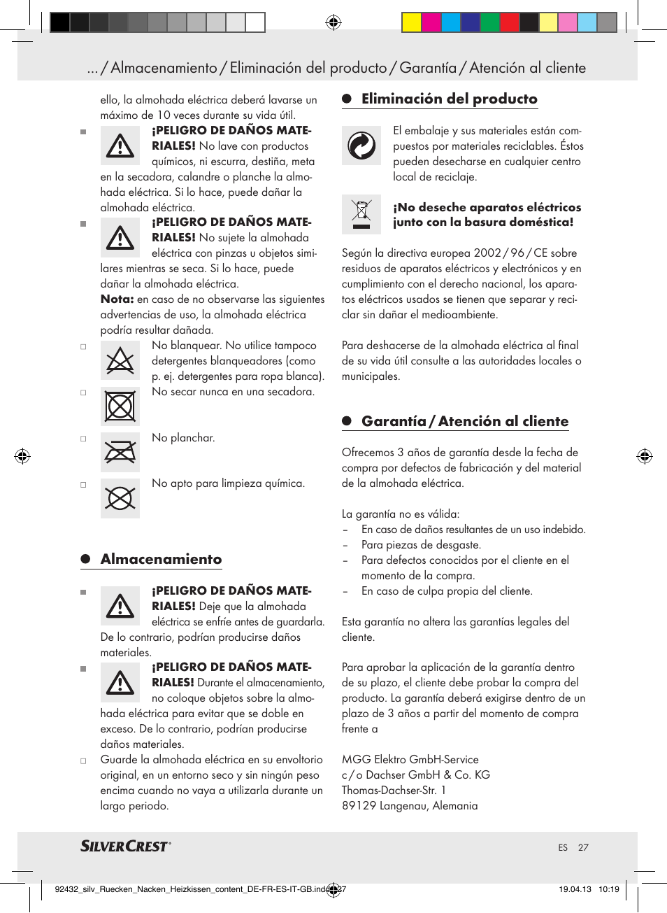 Almacenamiento, Eliminación del producto, Garantía / atención al cliente | Silvercrest SRNH 100 B2 User Manual | Page 27 / 45