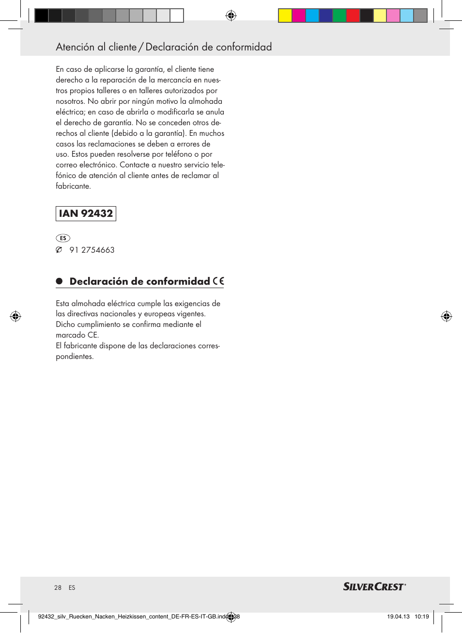 Atención al cliente / declaración de conformidad, Declaración de conformidad | Silvercrest SRNH 100 B2 User Manual | Page 28 / 45