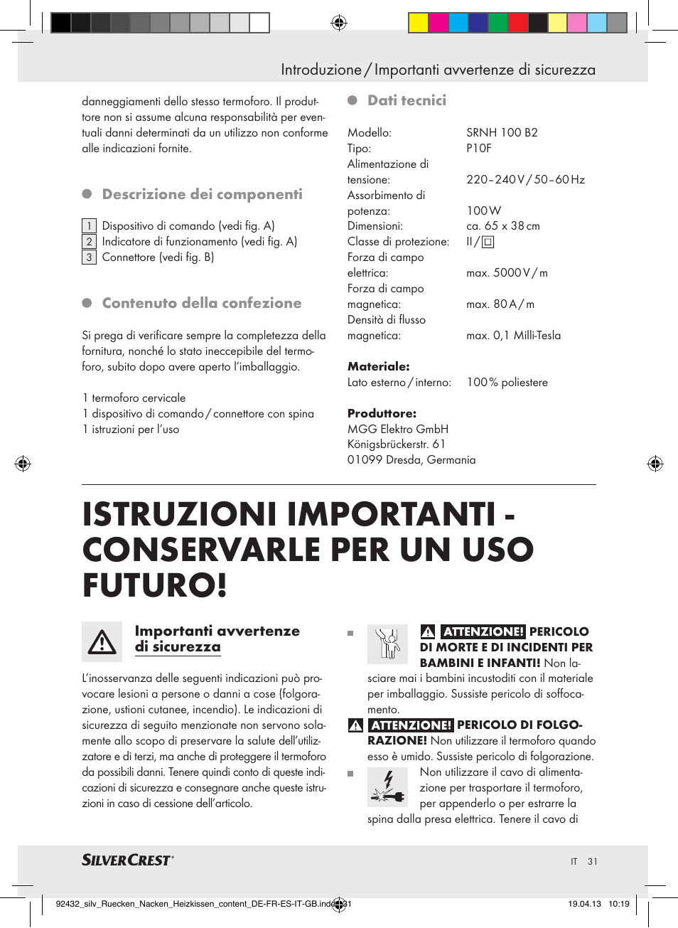 Introduzione / importanti avvertenze di sicurezza | Silvercrest SRNH 100 B2 User Manual | Page 31 / 45