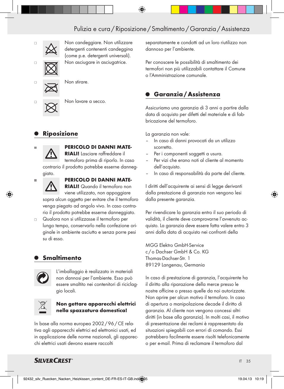 Riposizione, Smaltimento, Garanzia / assistenza | Silvercrest SRNH 100 B2 User Manual | Page 35 / 45