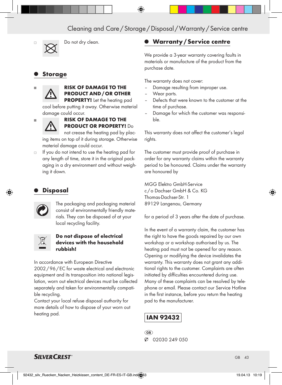 Storage, Disposal, Warranty / service centre | Silvercrest SRNH 100 B2 User Manual | Page 43 / 45