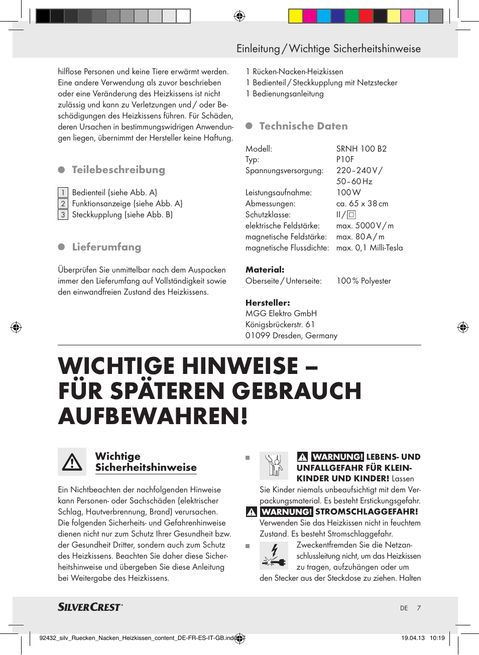 Einleitung / wichtige sicherheitshinweise | Silvercrest SRNH 100 B2 User Manual | Page 7 / 45