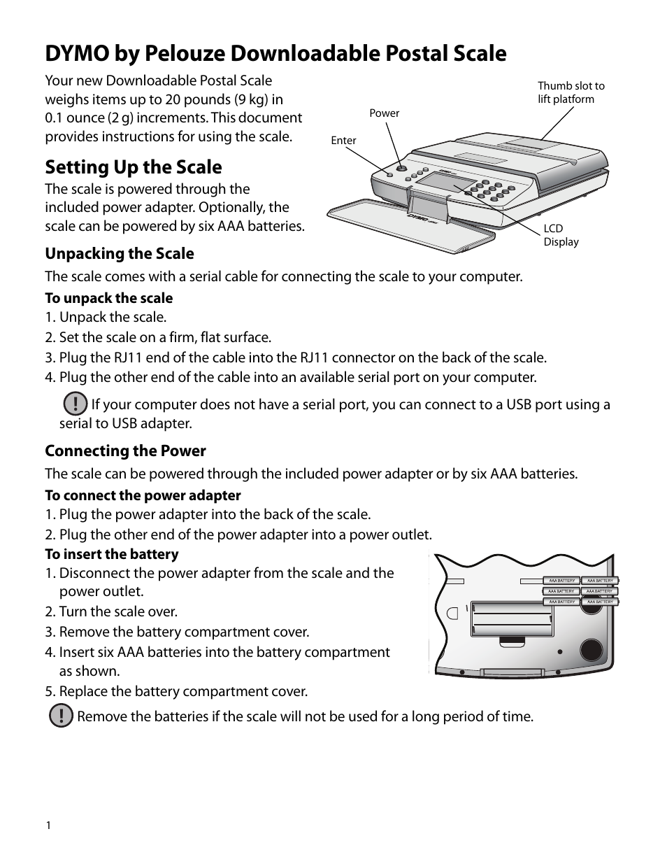 Setting up the scale, Unpacking the scale, Connecting the power | Dymo by pelouze downloadable postal scale | Dymo PS20DL User Manual | Page 2 / 8