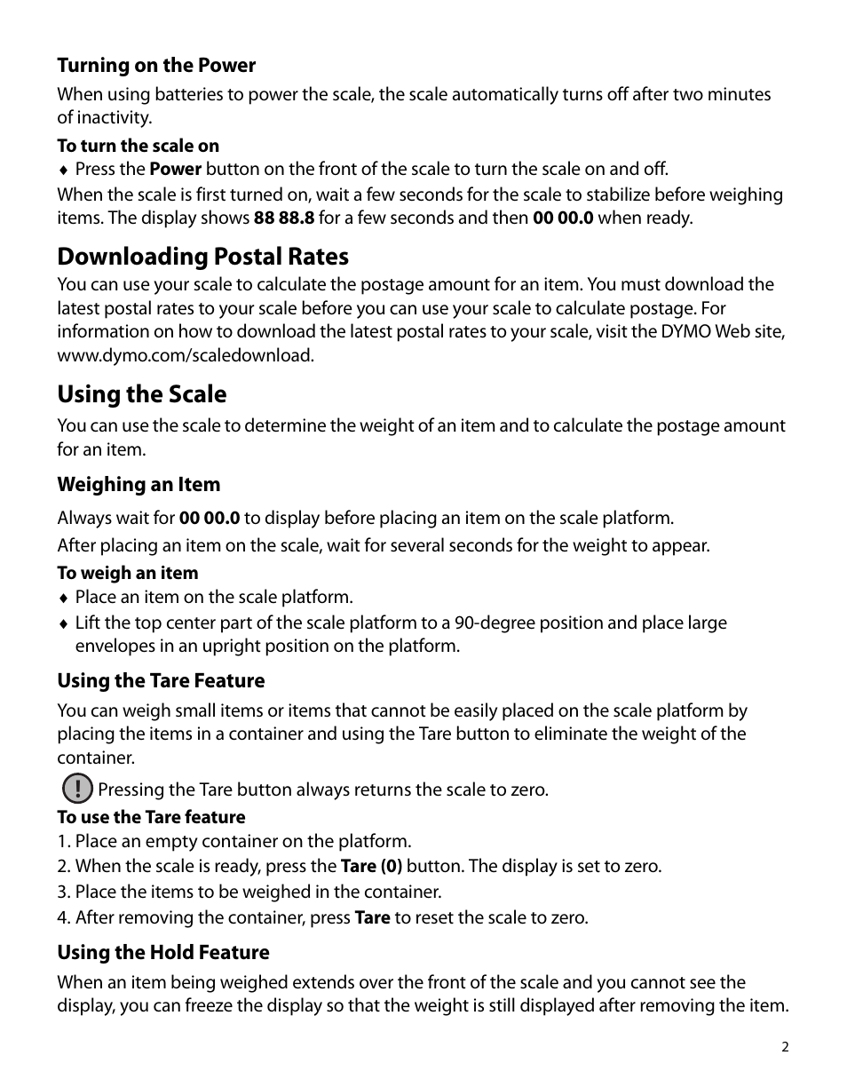 Turning on the power, Downloading postal rates, Using the scale | Weighing an item, Using the tare feature, Using the hold feature | Dymo PS20DL User Manual | Page 3 / 8