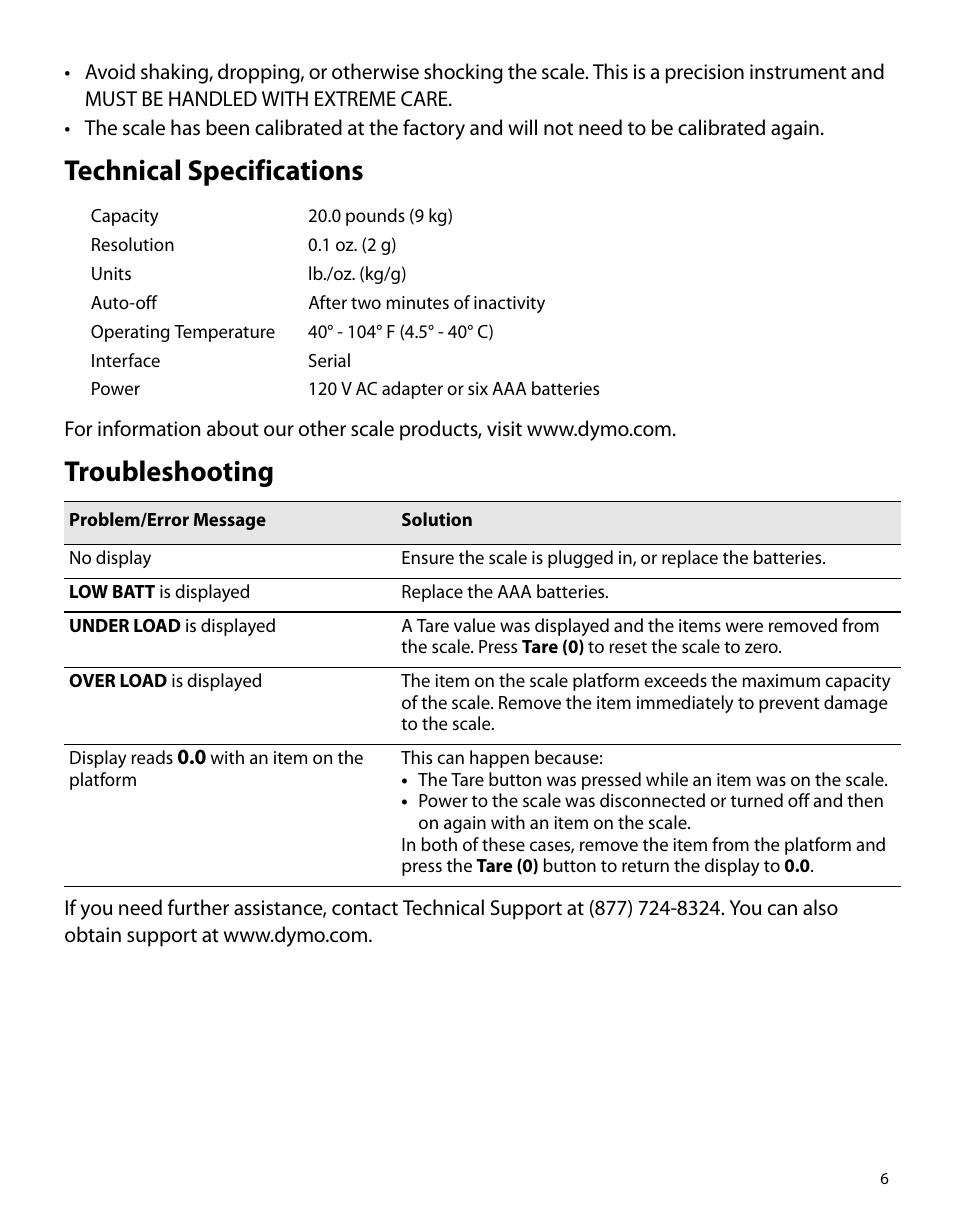 Troubleshooting, Technical specifications | Dymo PS20DL User Manual | Page 7 / 8