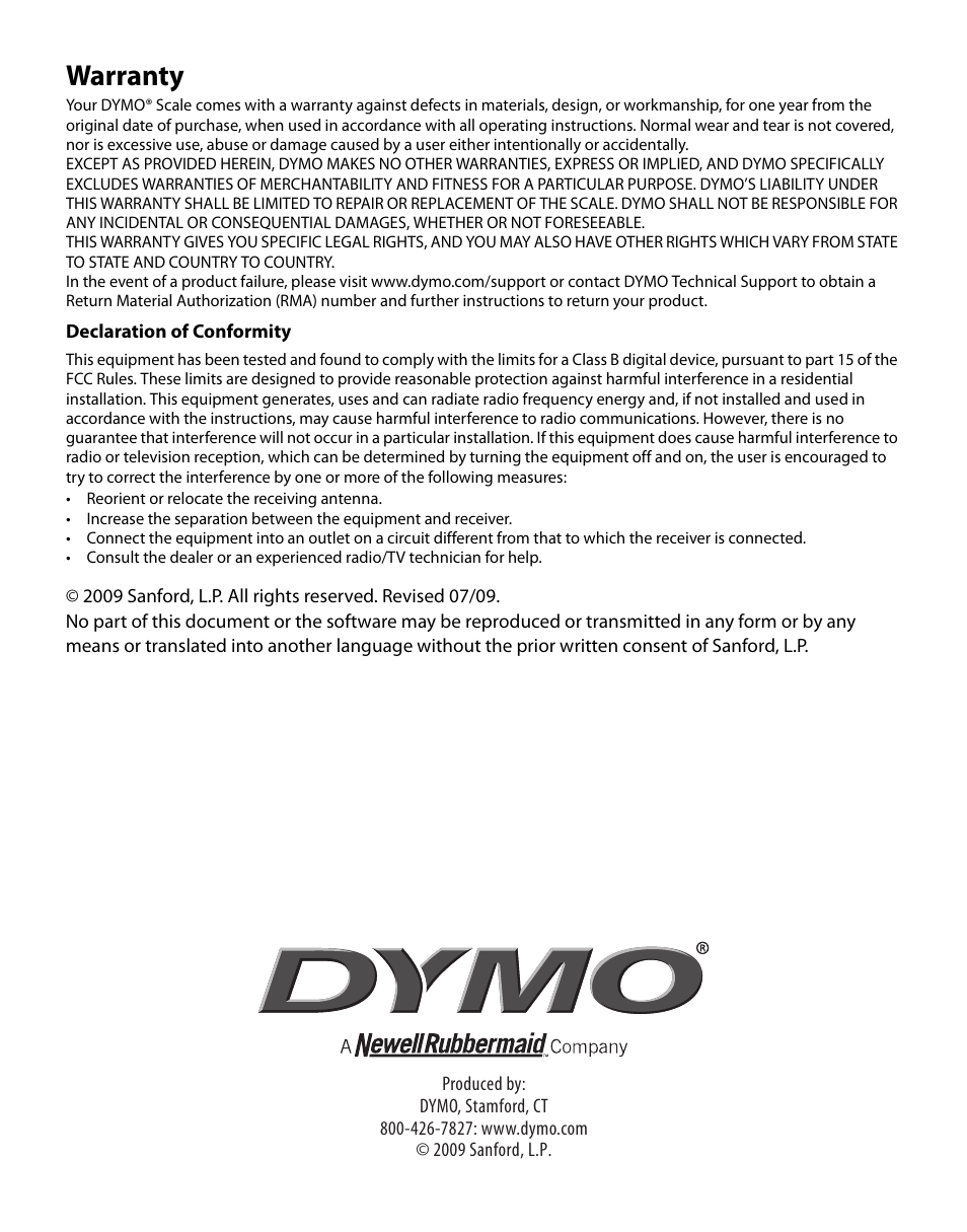 Warranty, Declaration of conformity | Dymo PS20DL User Manual | Page 8 / 8