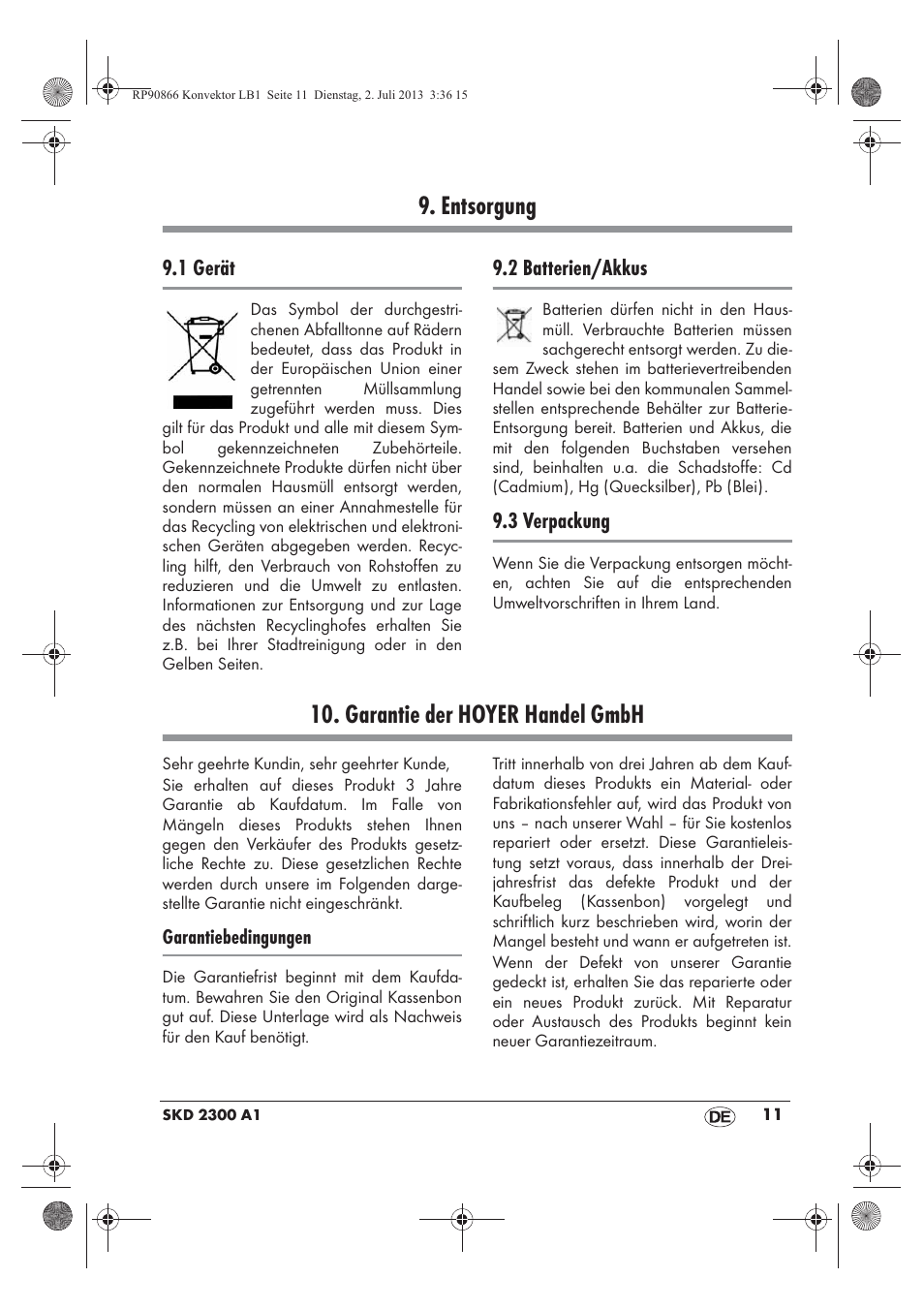 Entsorgung, Garantie der hoyer handel gmbh | Silvercrest SKD 2300 A1 User Manual | Page 13 / 62