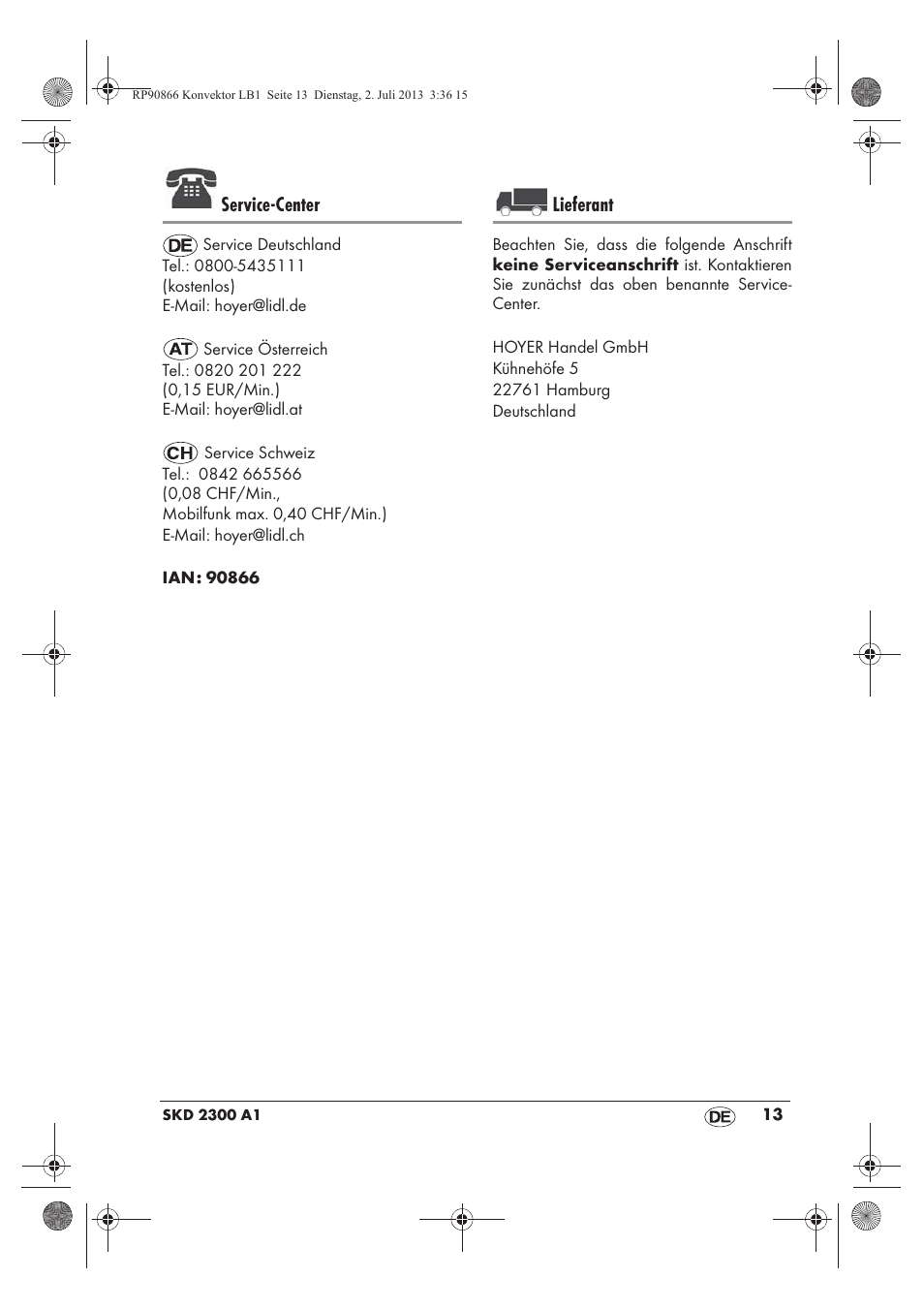 Service-center, Lieferant | Silvercrest SKD 2300 A1 User Manual | Page 15 / 62