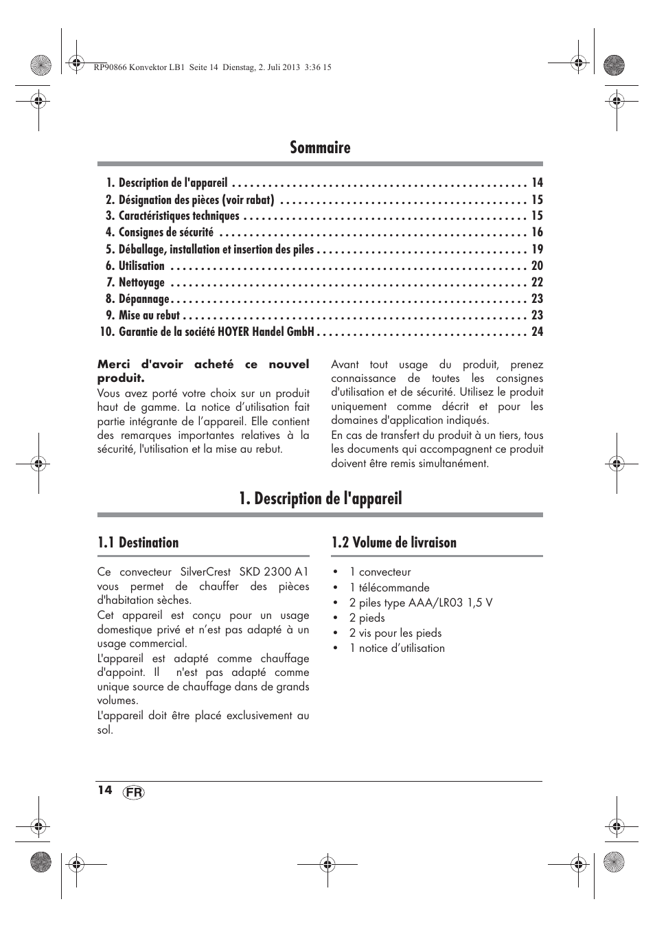 Sommaire, Description de l'appareil | Silvercrest SKD 2300 A1 User Manual | Page 16 / 62