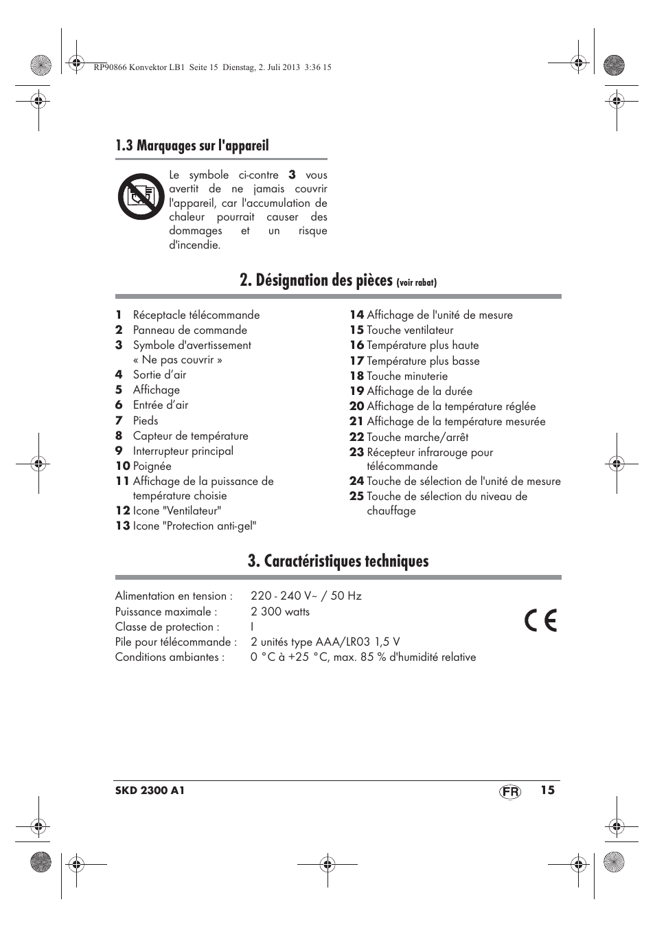 Désignation des pièces, Caractéristiques techniques, 3 marquages sur l'appareil | Silvercrest SKD 2300 A1 User Manual | Page 17 / 62