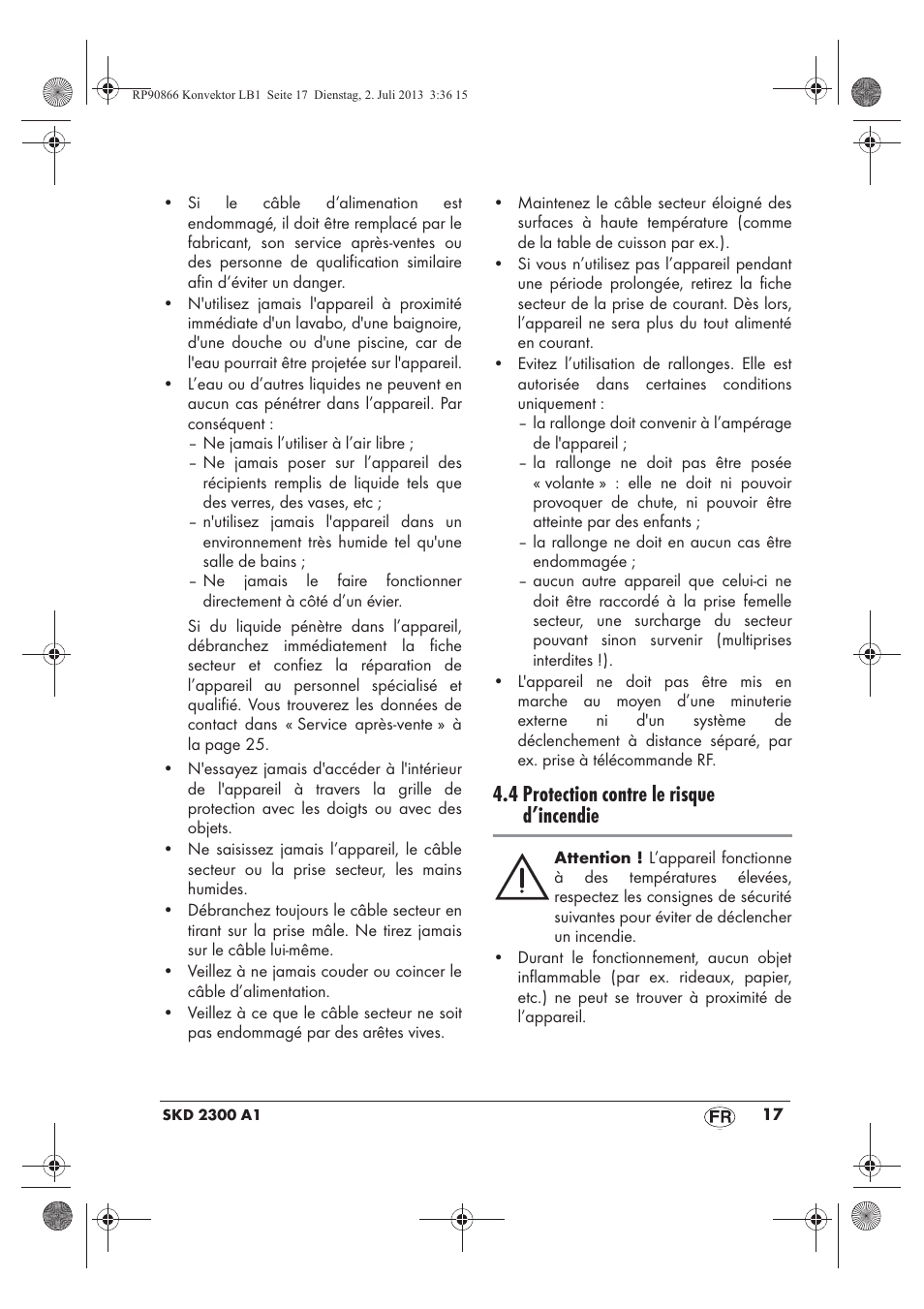 4 protection contre le risque d’incendie | Silvercrest SKD 2300 A1 User Manual | Page 19 / 62