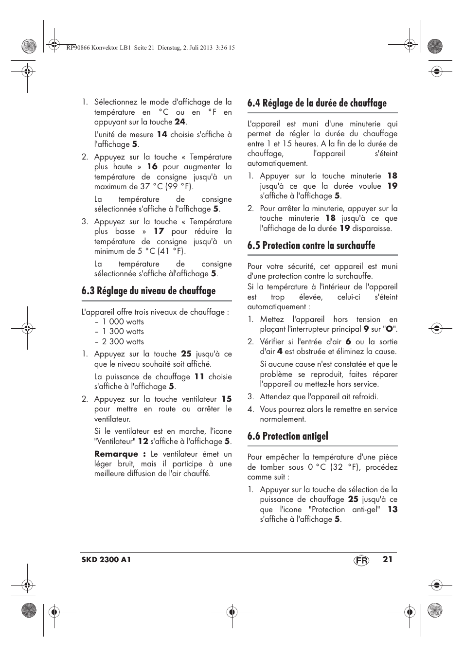 3 réglage du niveau de chauffage, 4 réglage de la durée de chauffage, 5 protection contre la surchauffe | 6 protection antigel | Silvercrest SKD 2300 A1 User Manual | Page 23 / 62