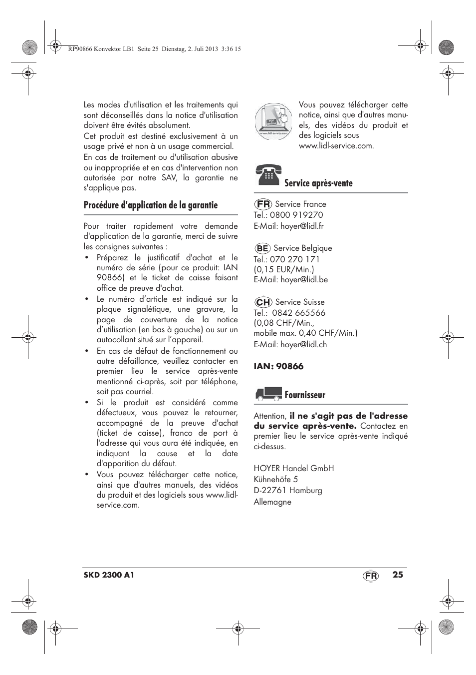 Procédure d'application de la garantie, Service après-vente, Fournisseur | Silvercrest SKD 2300 A1 User Manual | Page 27 / 62