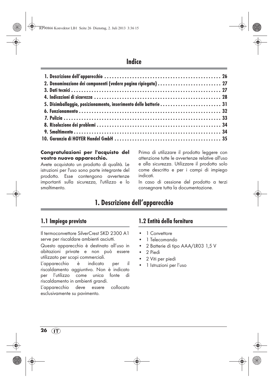 Indice, Descrizione dell’apparecchio | Silvercrest SKD 2300 A1 User Manual | Page 28 / 62