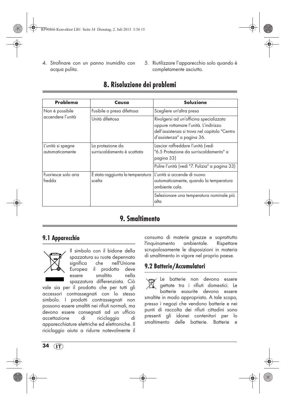 Risoluzione dei problemi 9. smaltimento, 1 apparecchio, 2 batterie/accumulatori | Silvercrest SKD 2300 A1 User Manual | Page 36 / 62