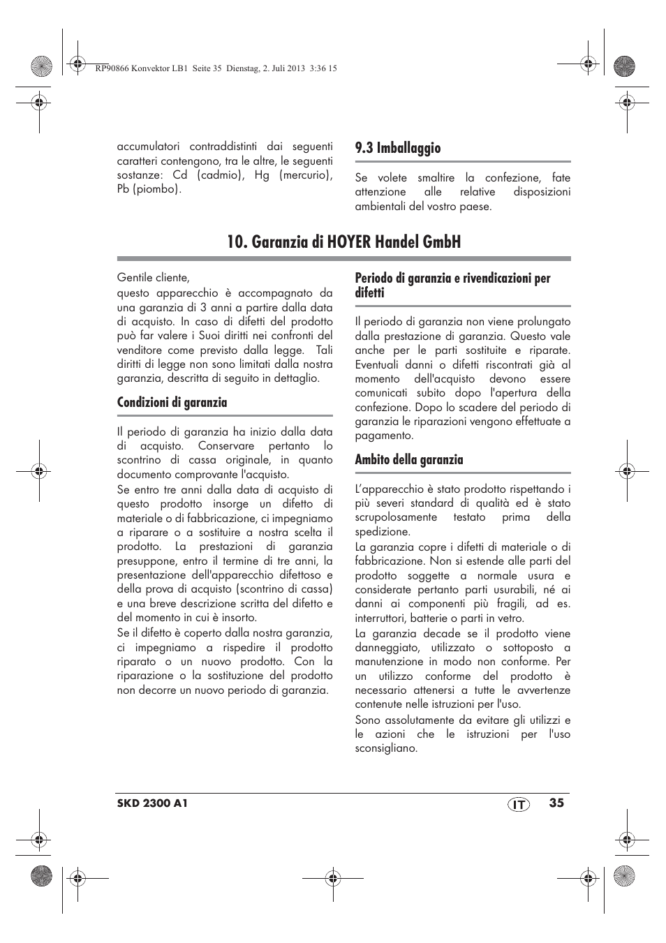 Garanzia di hoyer handel gmbh, 3 imballaggio | Silvercrest SKD 2300 A1 User Manual | Page 37 / 62