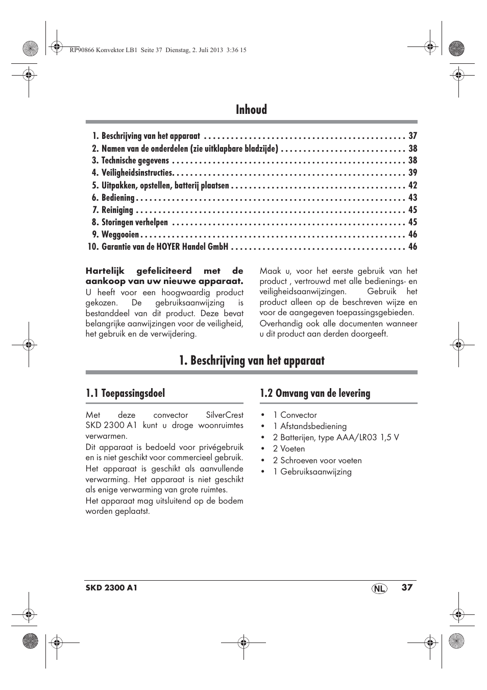 Inhoud, Beschrijving van het apparaat | Silvercrest SKD 2300 A1 User Manual | Page 39 / 62