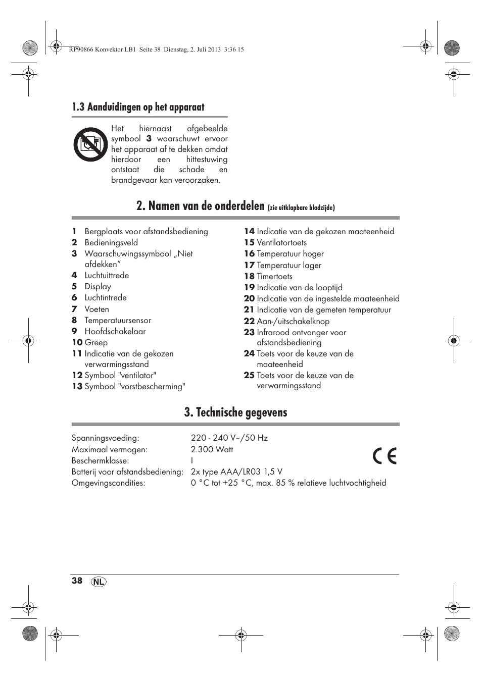 Namen van de onderdelen, Technische gegevens, 3 aanduidingen op het apparaat | Silvercrest SKD 2300 A1 User Manual | Page 40 / 62