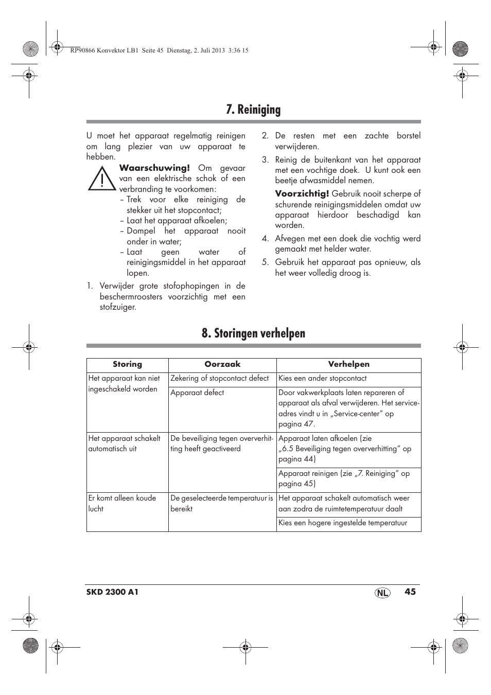 Reiniging, Storingen verhelpen | Silvercrest SKD 2300 A1 User Manual | Page 47 / 62