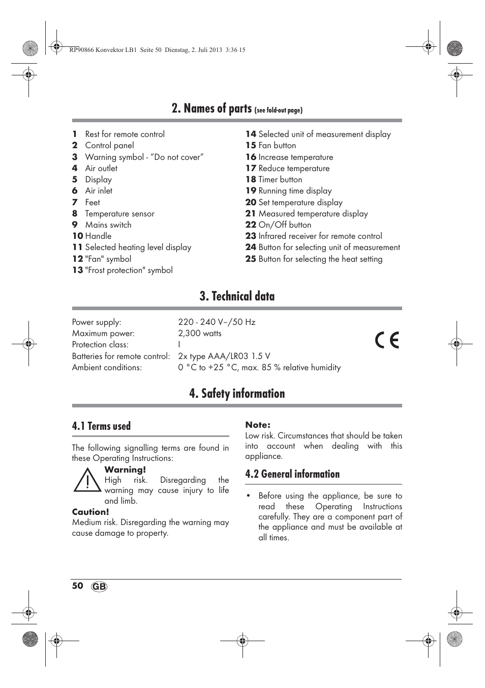 Names of parts, Technical data, Safety information | 1 terms used, 2 general information | Silvercrest SKD 2300 A1 User Manual | Page 52 / 62