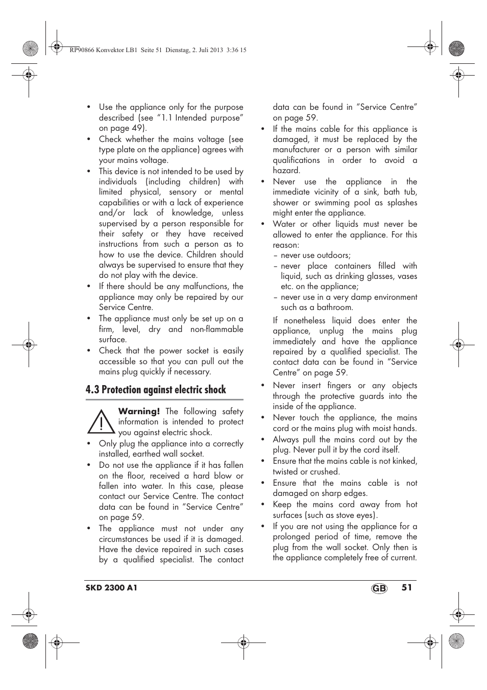 3 protection against electric shock | Silvercrest SKD 2300 A1 User Manual | Page 53 / 62
