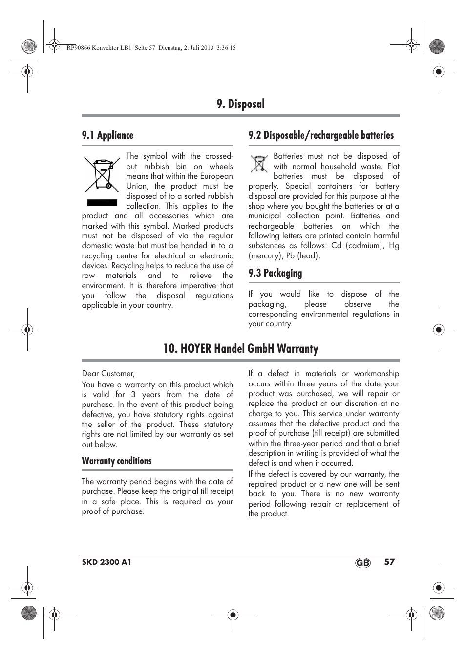 Disposal, Hoyer handel gmbh warranty | Silvercrest SKD 2300 A1 User Manual | Page 59 / 62