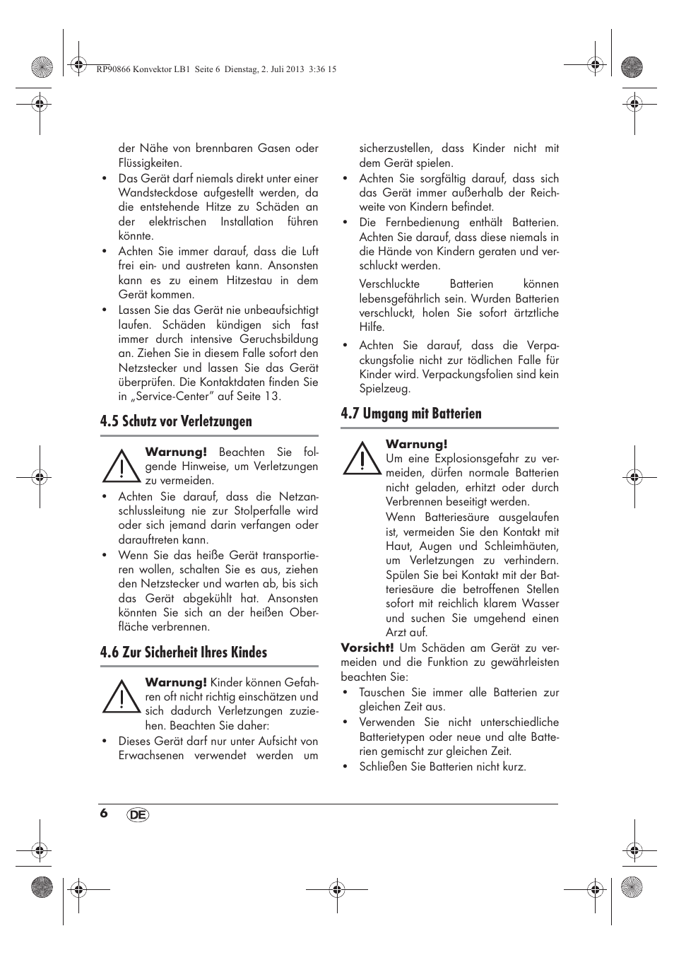 5 schutz vor verletzungen, 6 zur sicherheit ihres kindes, 7 umgang mit batterien | Silvercrest SKD 2300 A1 User Manual | Page 8 / 62