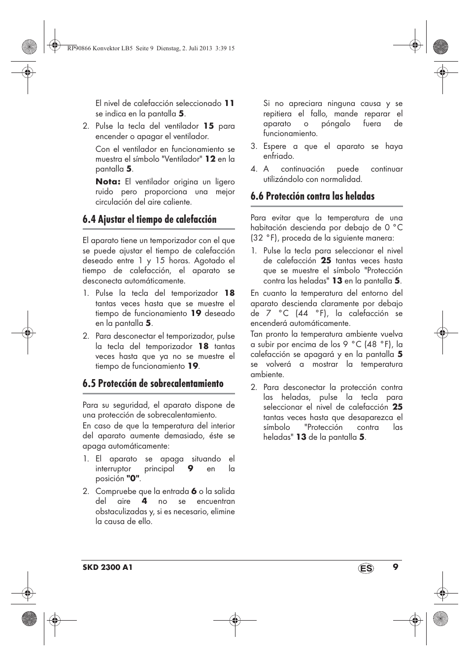 4 ajustar el tiempo de calefacción, 5 protección de sobrecalentamiento, 6 protección contra las heladas | Silvercrest SKD 2300 A1 User Manual | Page 11 / 62