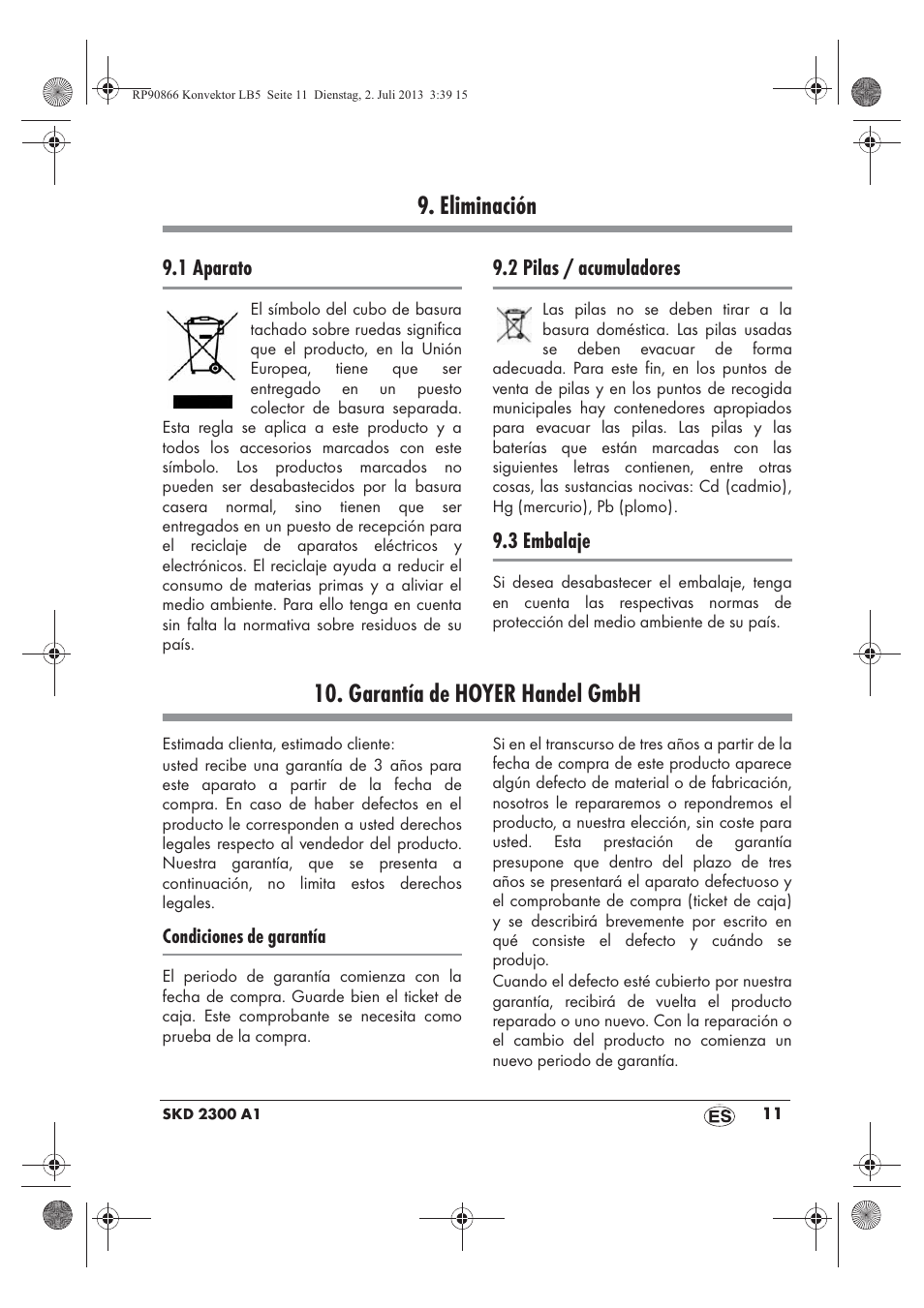 Eliminación, Garantía de hoyer handel gmbh | Silvercrest SKD 2300 A1 User Manual | Page 13 / 62