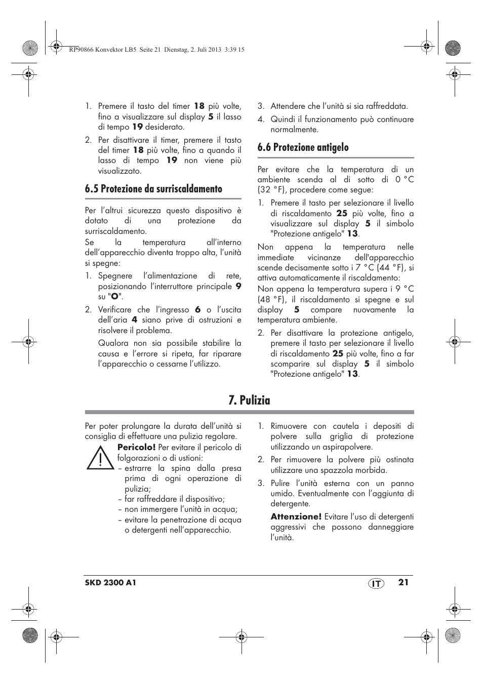Pulizia, 5 protezione da surriscaldamento, 6 protezione antigelo | Silvercrest SKD 2300 A1 User Manual | Page 23 / 62