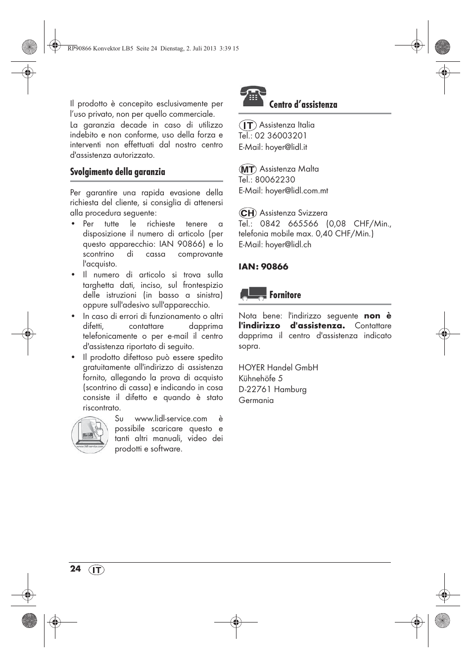 Svolgimento della garanzia, Centro d’assistenza, Fornitore | Silvercrest SKD 2300 A1 User Manual | Page 26 / 62