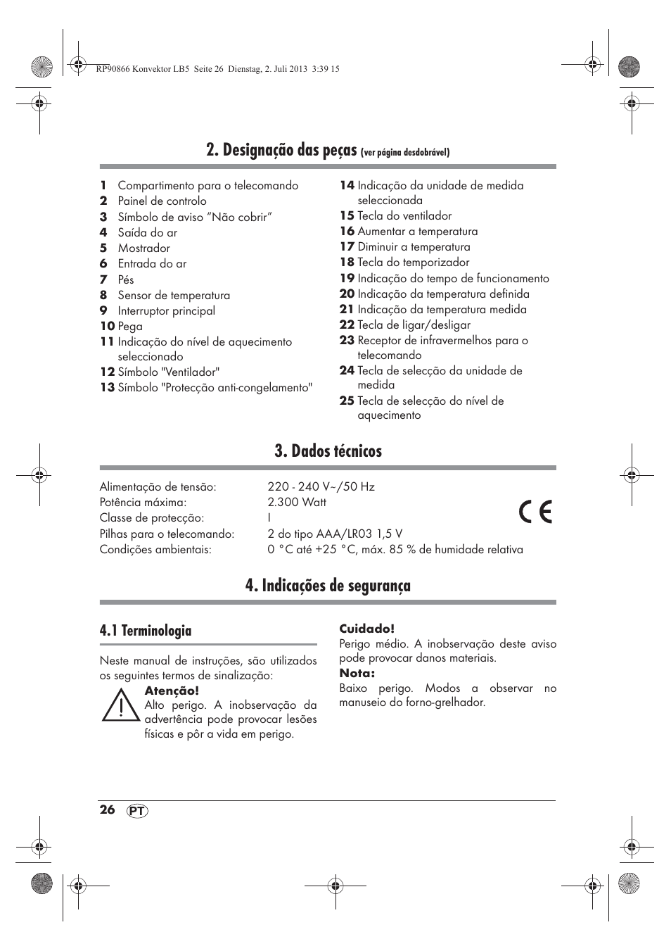 Designação das peças, Dados técnicos, Indicações de segurança | 1 terminologia | Silvercrest SKD 2300 A1 User Manual | Page 28 / 62