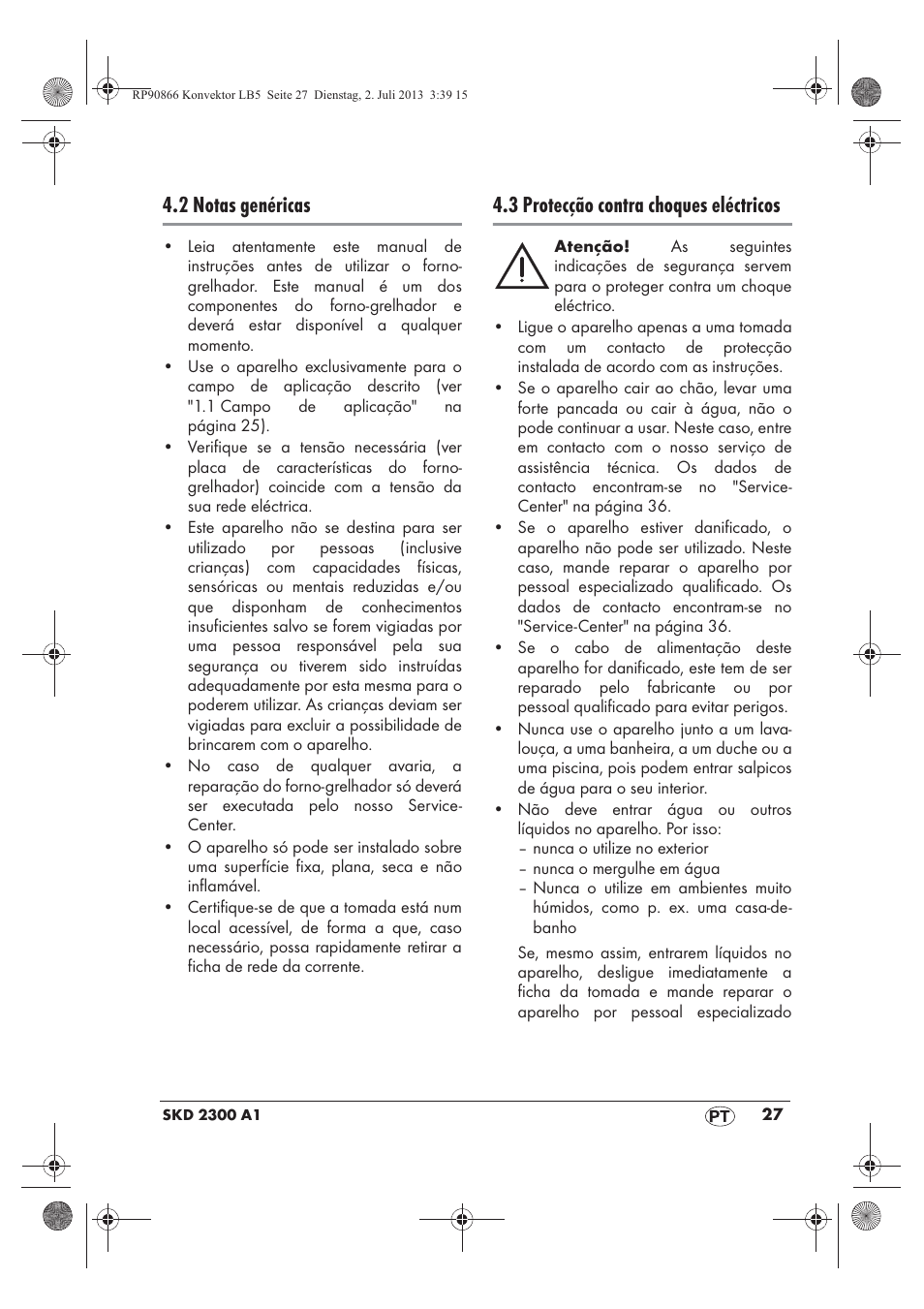2 notas genéricas, 3 protecção contra choques eléctricos | Silvercrest SKD 2300 A1 User Manual | Page 29 / 62