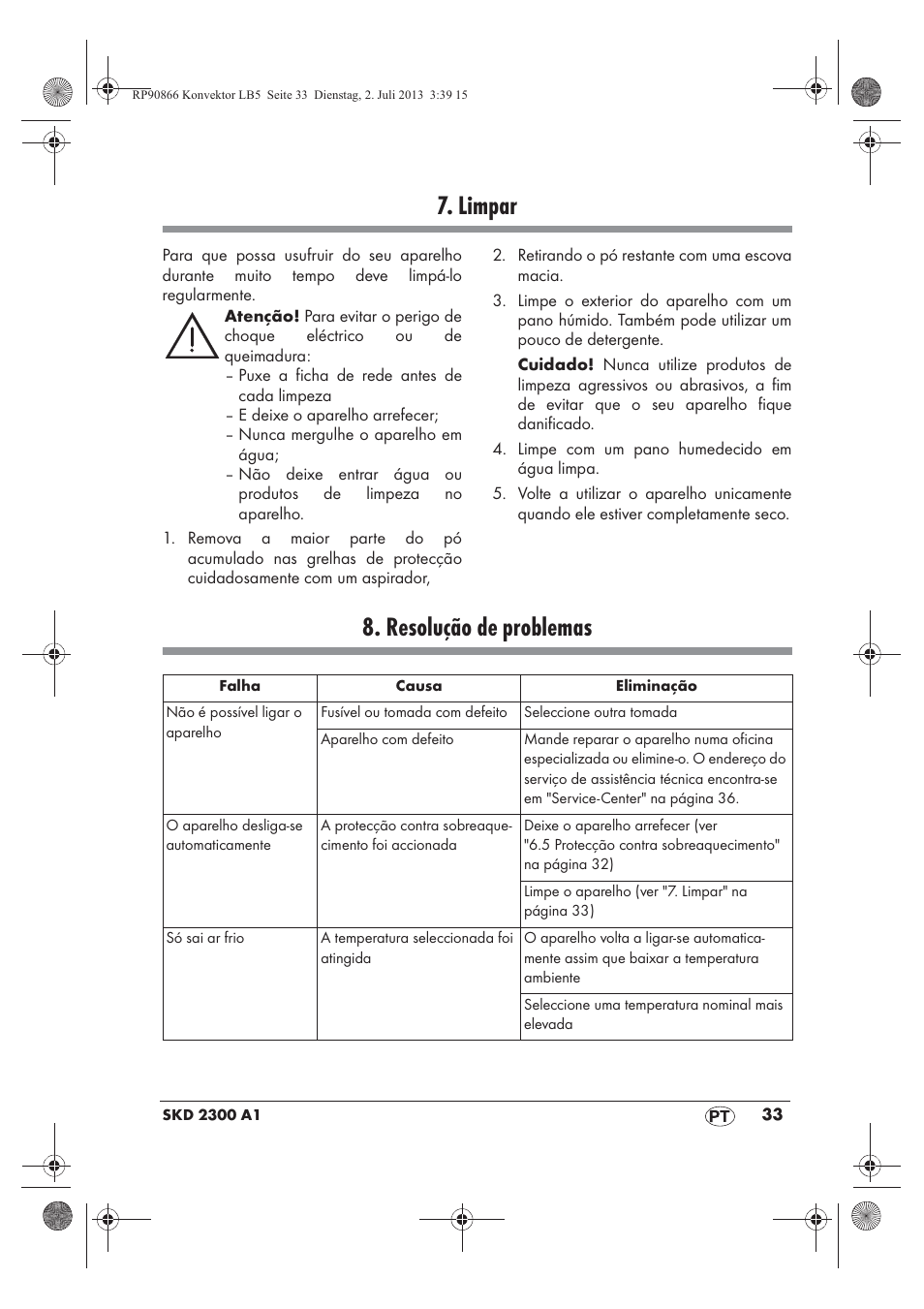 Limpar, Resolução de problemas | Silvercrest SKD 2300 A1 User Manual | Page 35 / 62