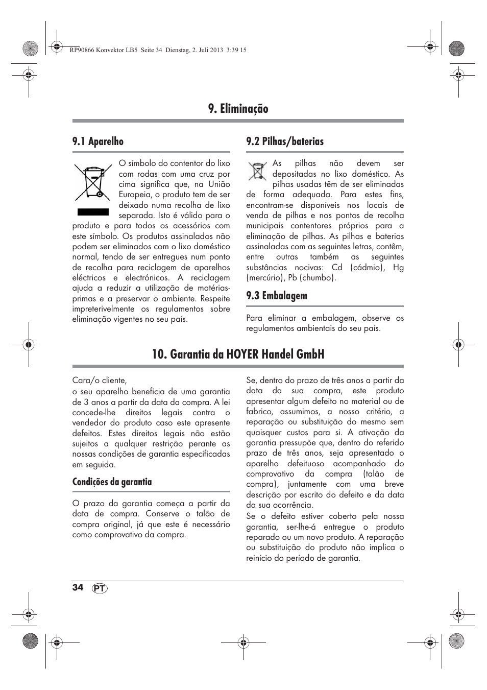 Eliminação, Garantia da hoyer handel gmbh | Silvercrest SKD 2300 A1 User Manual | Page 36 / 62