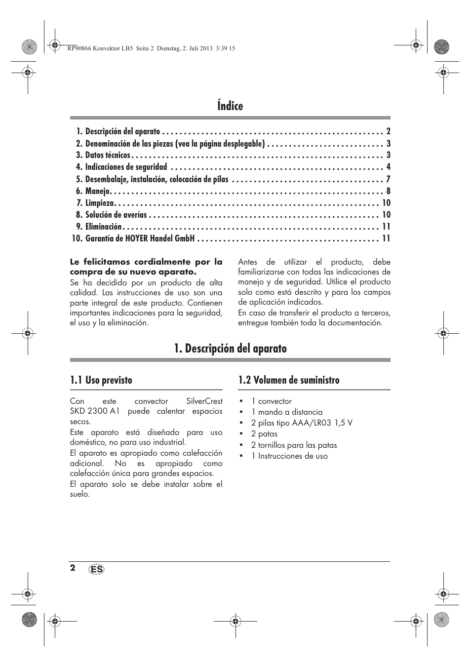 Índice, Descripción del aparato | Silvercrest SKD 2300 A1 User Manual | Page 4 / 62