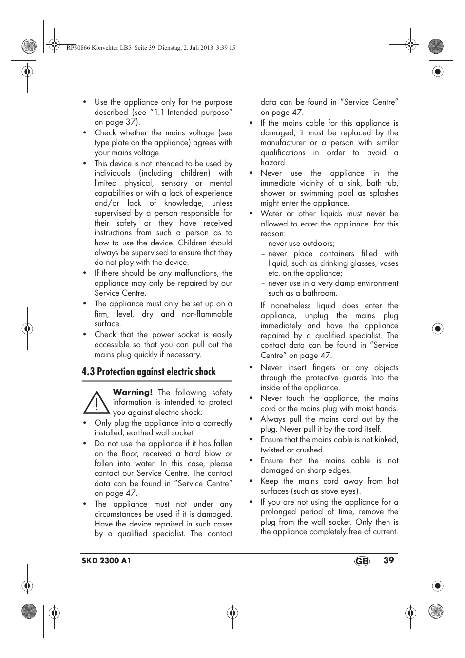 3 protection against electric shock | Silvercrest SKD 2300 A1 User Manual | Page 41 / 62