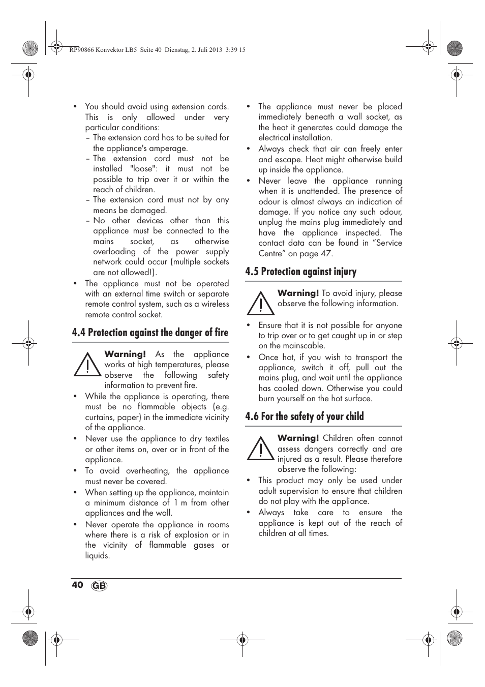 4 protection against the danger of fire, 5 protection against injury, 6 for the safety of your child | Silvercrest SKD 2300 A1 User Manual | Page 42 / 62