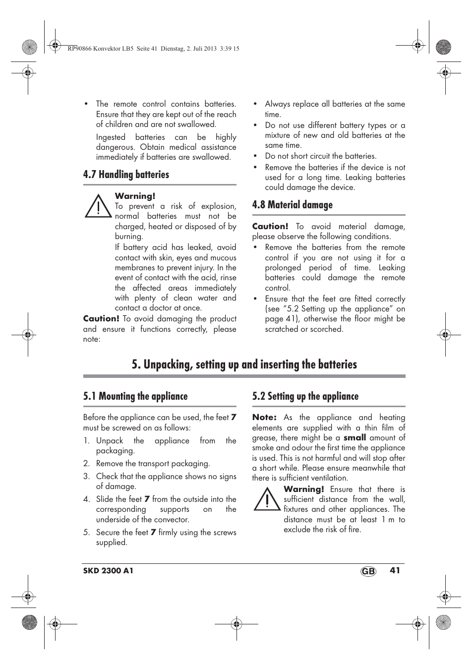 Unpacking, setting up and inserting the batteries, 7 handling batteries, 8 material damage | 1 mounting the appliance, 2 setting up the appliance | Silvercrest SKD 2300 A1 User Manual | Page 43 / 62