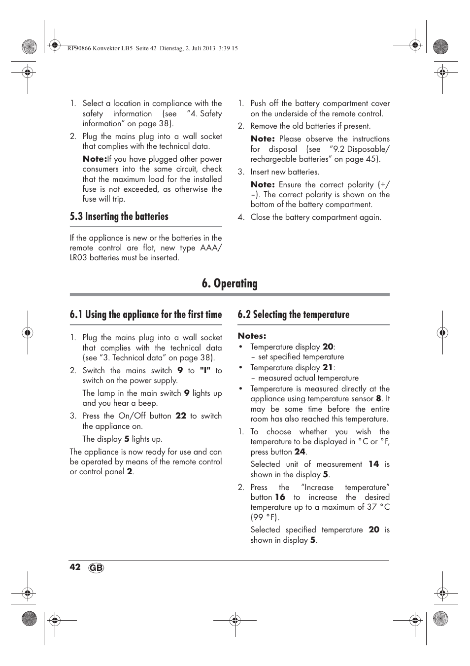Operating, 3 inserting the batteries, 1 using the appliance for the first time | 2 selecting the temperature | Silvercrest SKD 2300 A1 User Manual | Page 44 / 62
