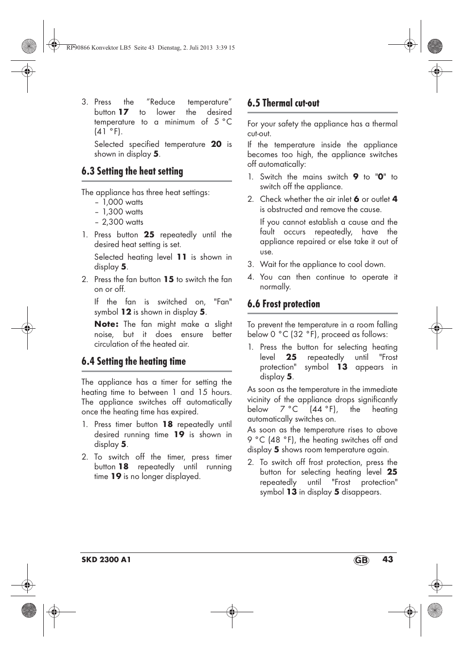3 setting the heat setting, 4 setting the heating time, 5 thermal cut-out | 6 frost protection | Silvercrest SKD 2300 A1 User Manual | Page 45 / 62