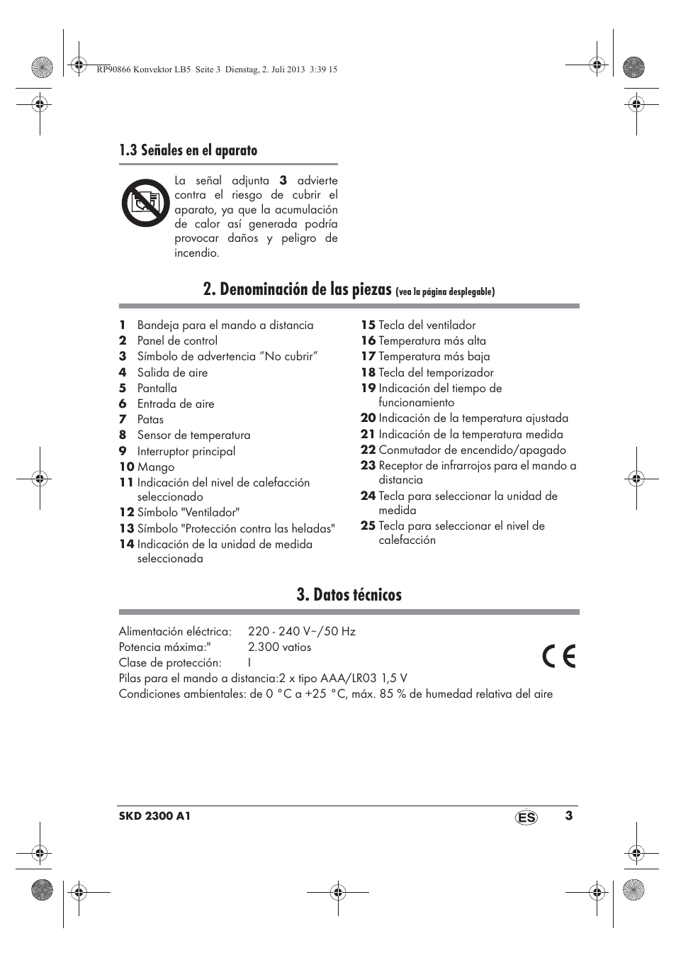 Denominación de las piezas, Datos técnicos, 3 señales en el aparato | Silvercrest SKD 2300 A1 User Manual | Page 5 / 62