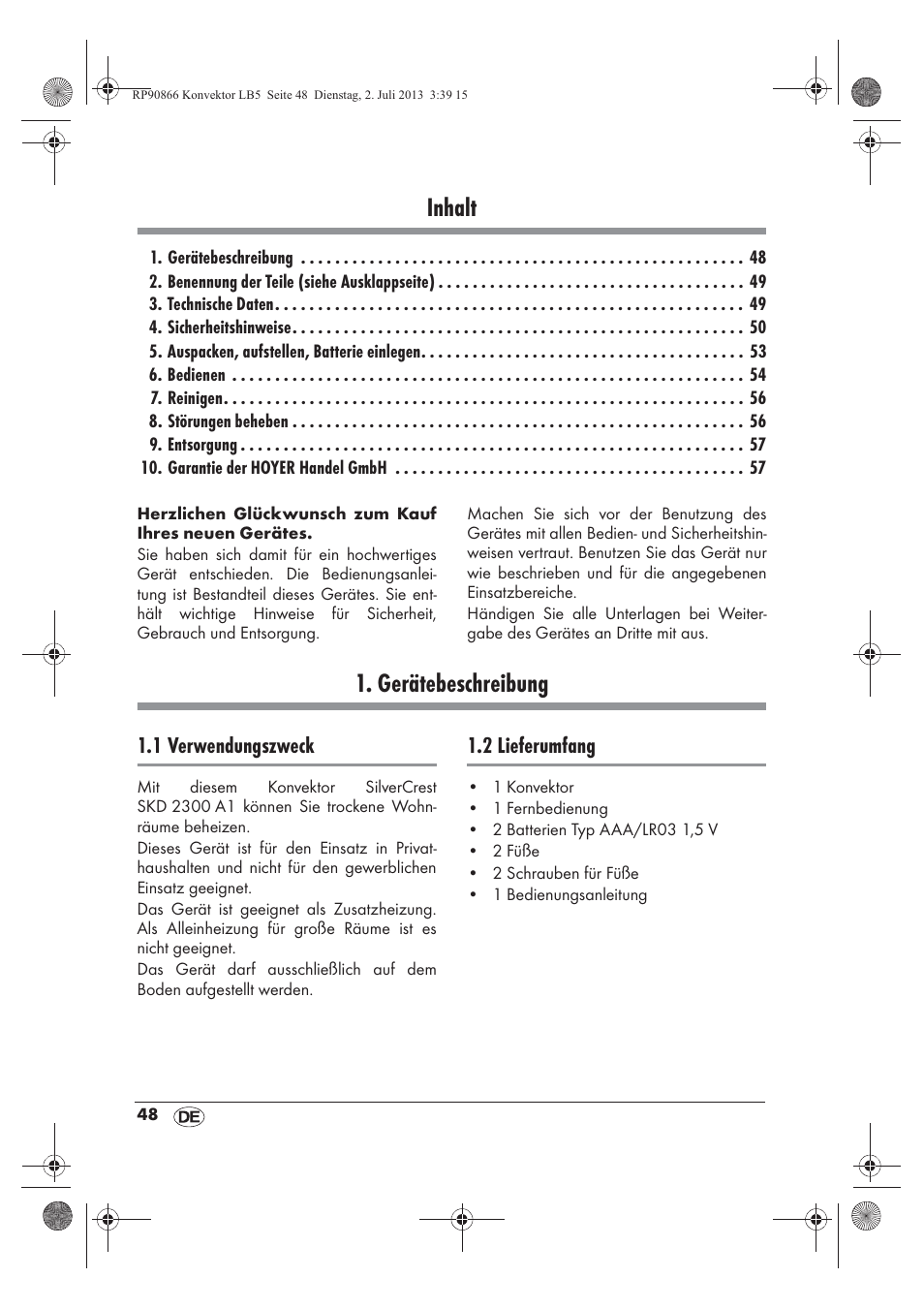 Inhalt, Gerätebeschreibung | Silvercrest SKD 2300 A1 User Manual | Page 50 / 62