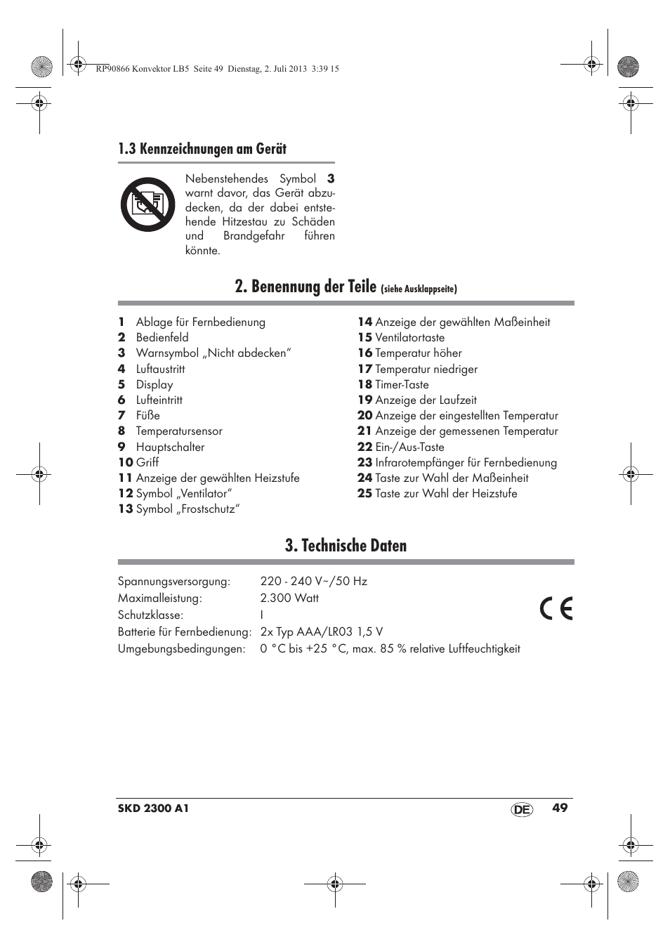 Benennung der teile, Technische daten, 3 kennzeichnungen am gerät | Silvercrest SKD 2300 A1 User Manual | Page 51 / 62