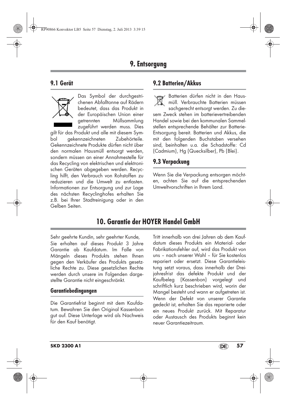 Entsorgung, Garantie der hoyer handel gmbh | Silvercrest SKD 2300 A1 User Manual | Page 59 / 62