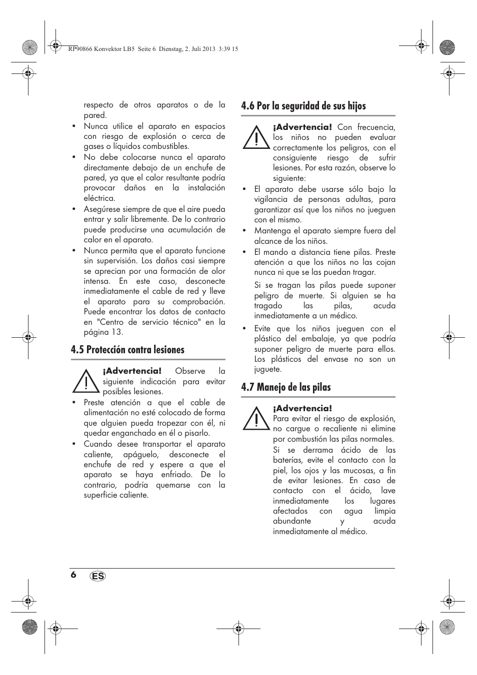 5 protección contra lesiones, 6 por la seguridad de sus hijos, 7 manejo de las pilas | Silvercrest SKD 2300 A1 User Manual | Page 8 / 62